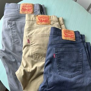 Levi’s 511 jeans for men - light gray are 32x32; khaki tan 33x30; dk blue 32x30